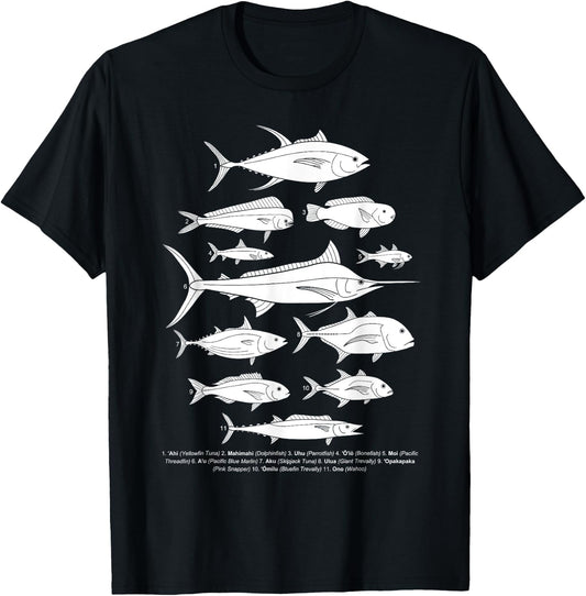 Hawaiian Fish (Ahi, Mahimahi, Ulua, Aku, Uhu, etc.) Fishing T-Shirt - T-Shirt | Black