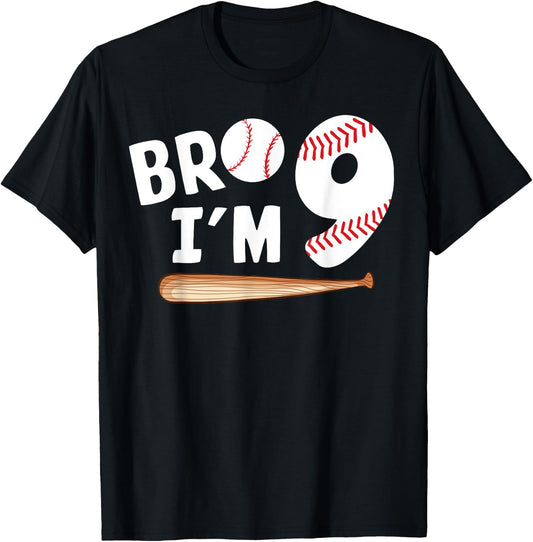 9th Birthday Shirt Boy Bro I'm 9 Year Old Baseball Theme T-Shirt - T-Shirt | Black