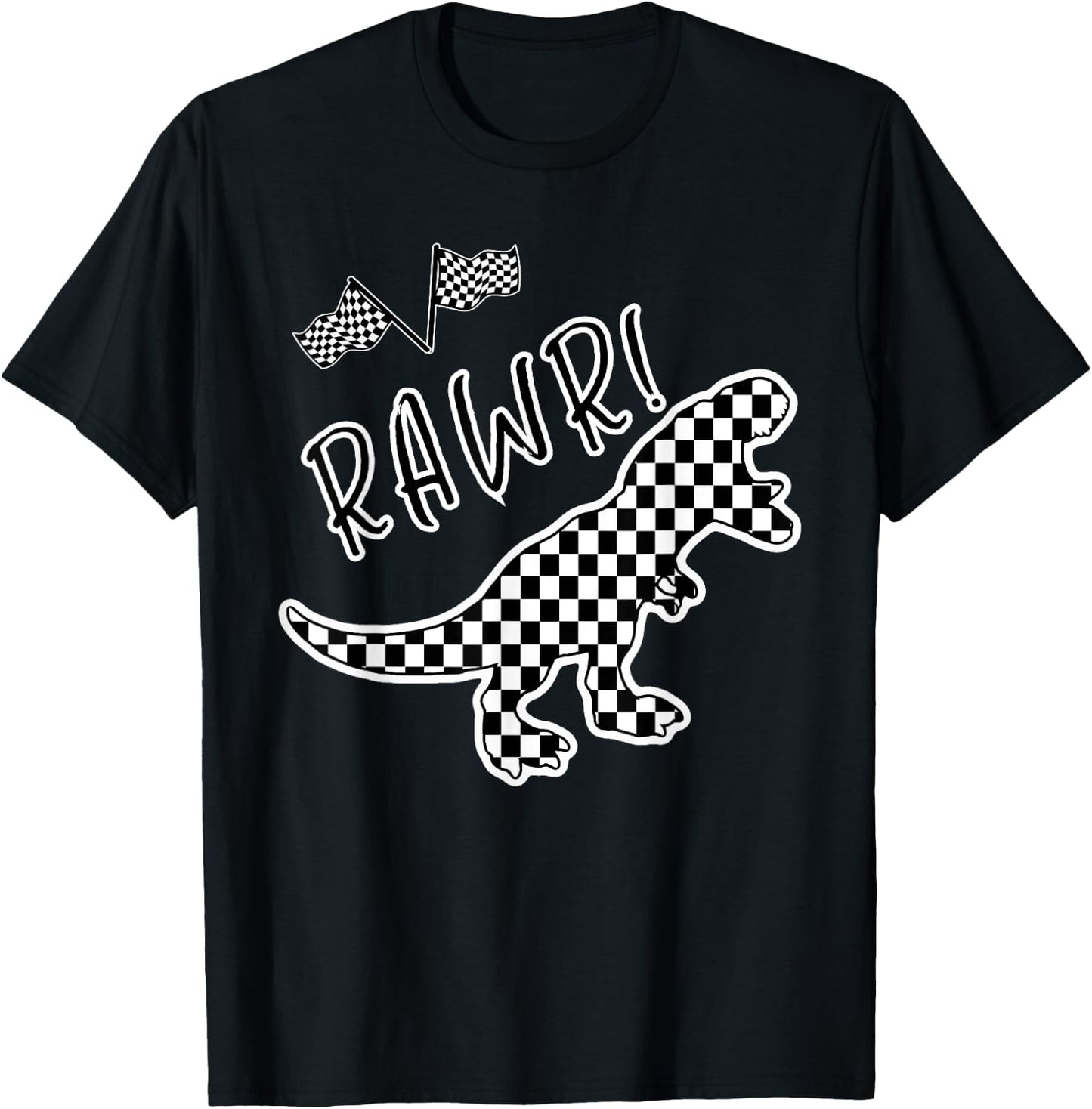 Checkered T-rex Dinosaur Race Car Gamer Boys Girls Toddler T-Shirt - T-Shirt | Black
