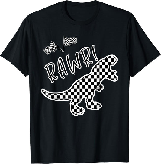 Checkered T-rex Dinosaur Race Car Gamer Boys Girls Toddler T-Shirt - T-Shirt | Black