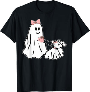 Funny Ghost Walking Dog Spooky Season Halloween Coquette T-Shirt - T-Shirt | Black