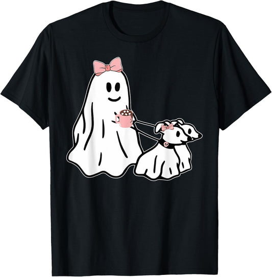 Funny Ghost Walking Dog Spooky Season Halloween Coquette T-Shirt - T-Shirt | Black