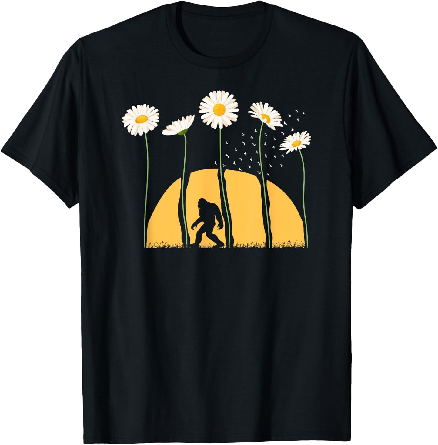 Sasquatch Spring Sunset Towering Daisy Flowers Bigfoot T-Shirt - T-Shirt | Black