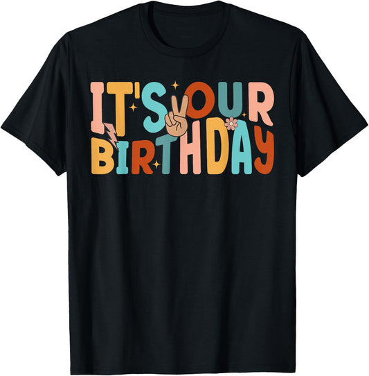 It's Our Birthday Twins Matching Girl's Women's Groovy Retro T-Shirt - T-Shirt | Black