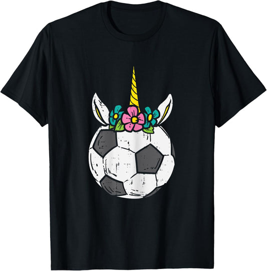 Unicorn Head Soccer Ball Cute Football Player Girls Women T-Shirt - T-Shirt | Black