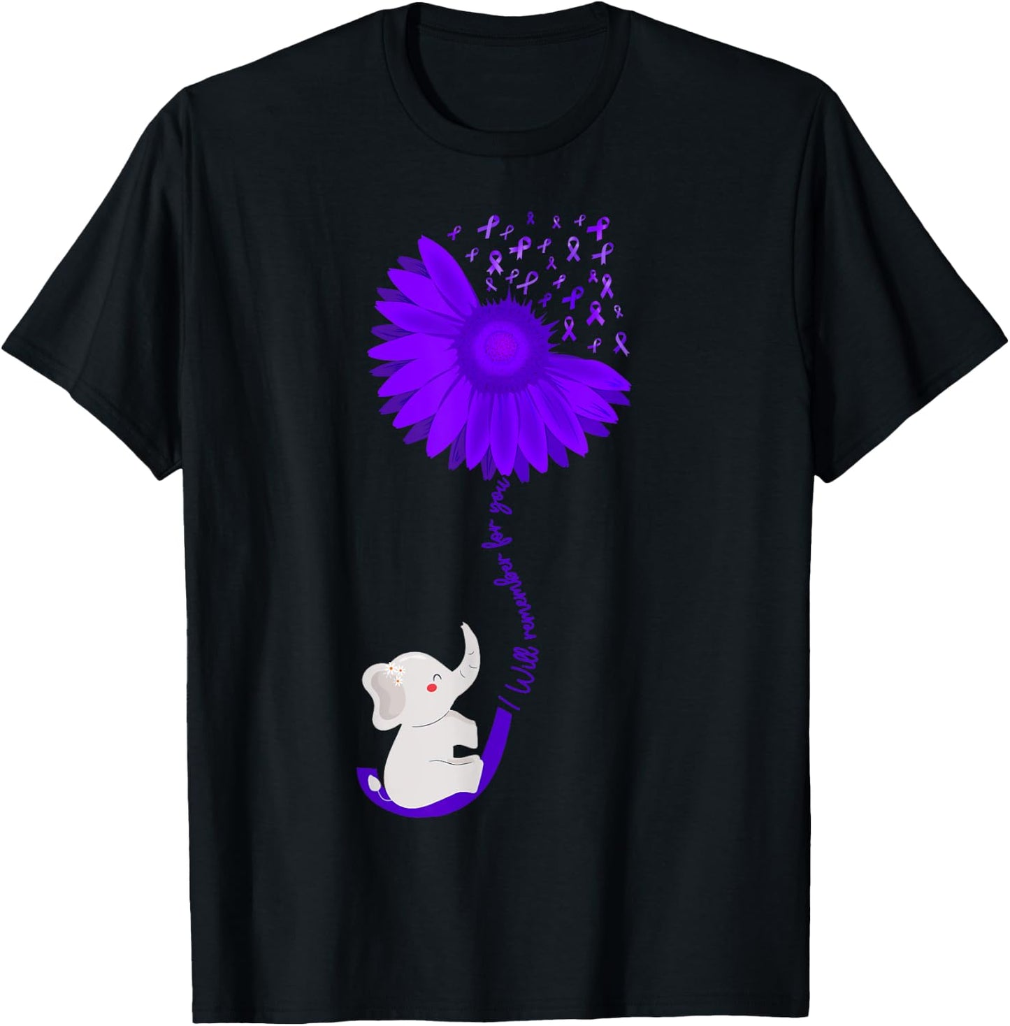 Elephant I Will Remember For You purple Sunflower Alzheimer T-Shirt - T-Shirt | Black