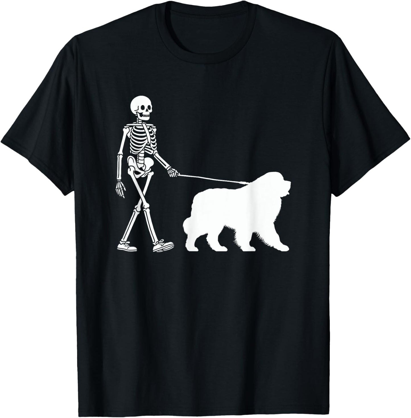Skeleton Walking a Newfoundland Dog Halloween Outfit Men Women Kids T-Shirt - T-Shirt | Black