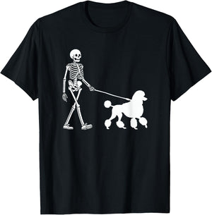 Skeleton Walking a Dog Poodle Halloween Outfit Men Women Kids T-Shirt - T-Shirt | Black