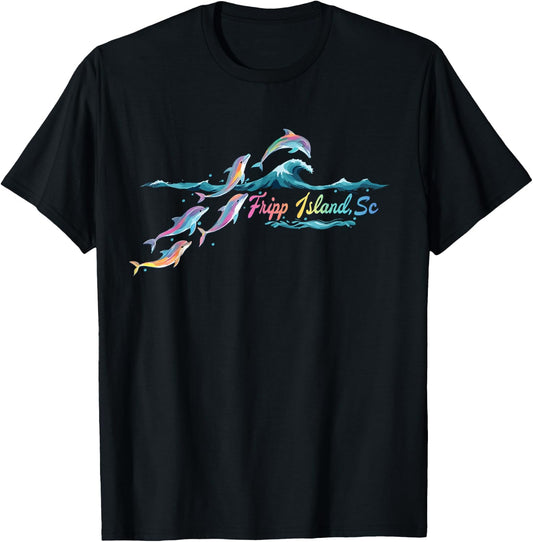 Fripp Island South Carolina Colorful Dolphin Lover Beach T-Shirt - T-Shirt | Black