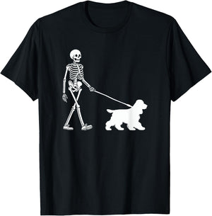 Skeleton Walking a Dog Cocker Spaniel Halloween Outfit T-Shirt - T-Shirt | Black