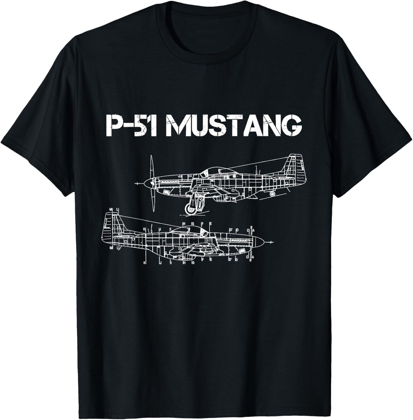 North American P-51 Mustang WW2 Fighter Blueprint T-Shirt - T-Shirt | Black