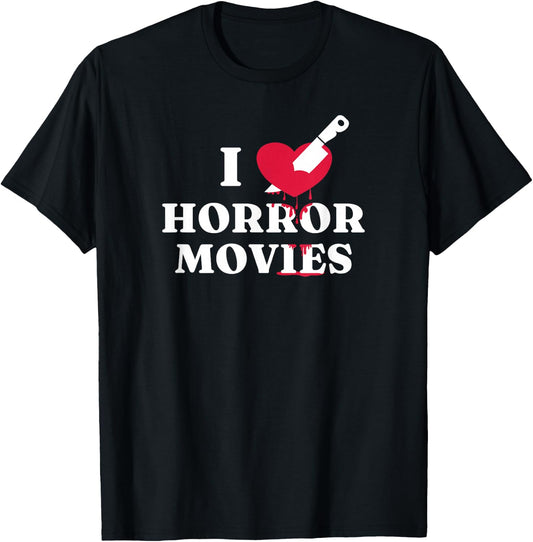 I Love Horror Movies Knife Heart Blood Splatter Fan T-Shirt - T-Shirt | Black