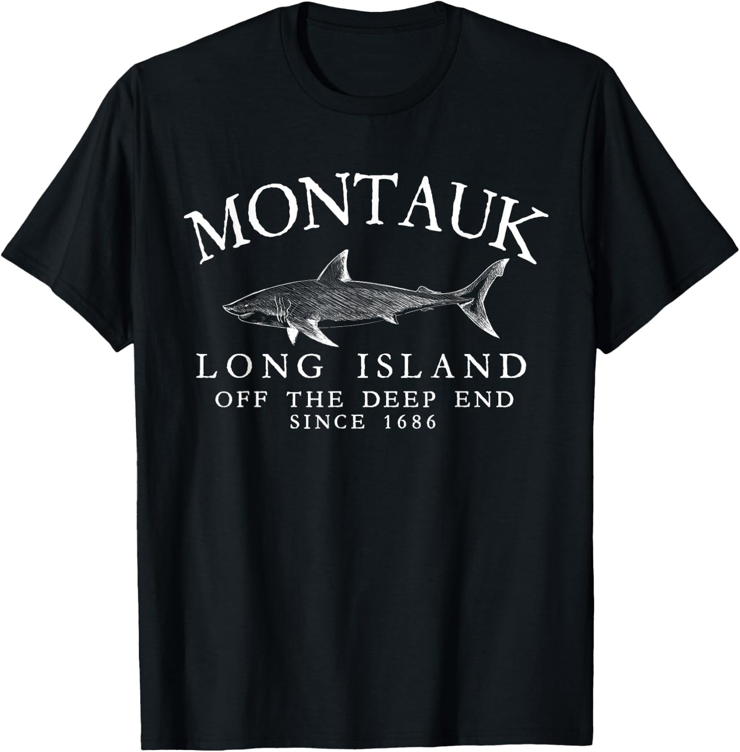 Montauk LI Off The Deep End Shark Fishing Vintage White T-Shirt - T-Shirt | Black