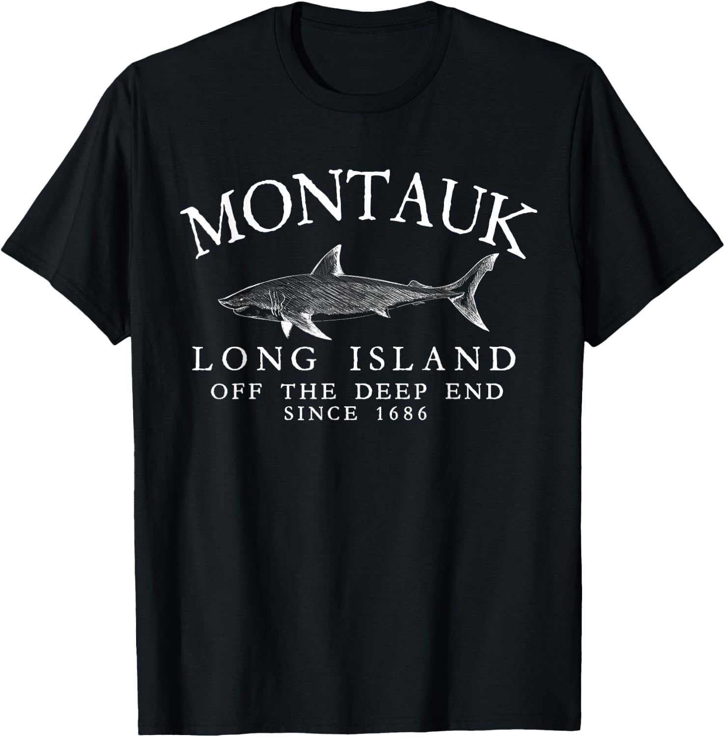 Montauk LI Off The Deep End Shark Fishing Vintage White T-Shirt - T-Shirt | Black
