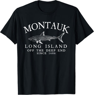 Montauk LI Off The Deep End Shark Fishing Vintage White T-Shirt - T-Shirt | Black