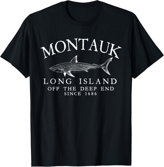 Montauk LI Off The Deep End Shark Fishing Vintage White T-Shirt - T-Shirt | Black