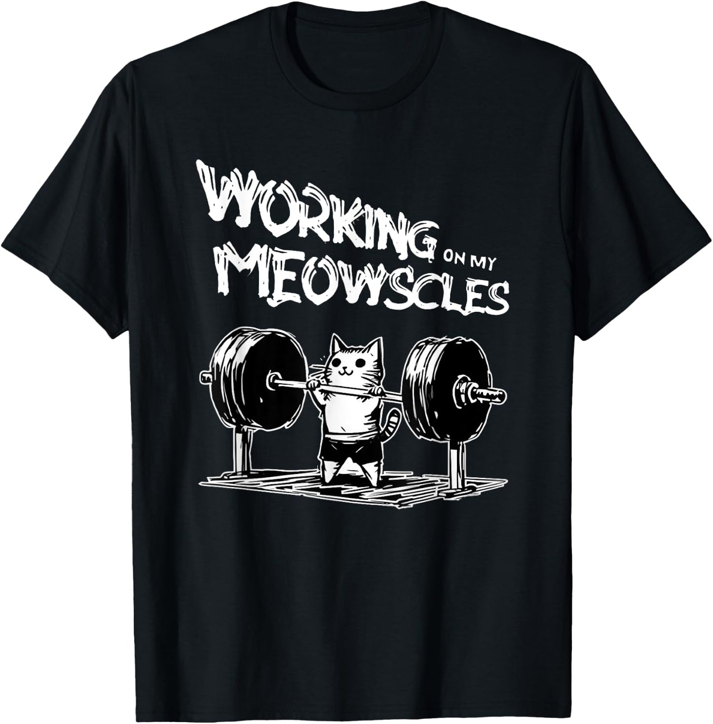 funny quotes about gym -Adults Black Small Modern Classic Cartoon People Classic Spring Short Sleeve Lightweight, Durable Blend working on my meowscles T-Shirt - T-Shirt | Black