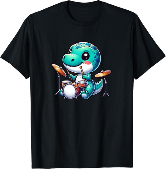 Cool Dinosaur Drummer Cute Animal Music Design T-Shirt - T-Shirt | Black