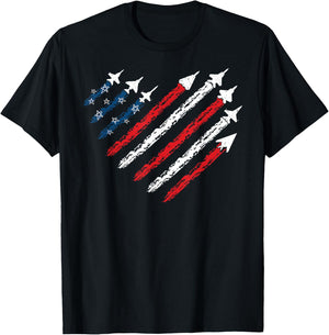 Retro Fighter Jet Airplane American Flag Heart 4th Of July T-Shirt - T-Shirt | Black