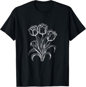 Tulips Lover On Black And White Tulip Flower Simple Arts T-Shirt - T-Shirt | Black