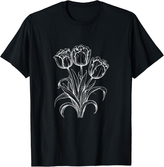 Tulips Lover On Black And White Tulip Flower Simple Arts T-Shirt - T-Shirt | Black