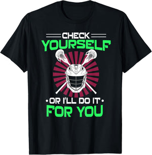 Lacrosse Check yourself Lacrosse Lax Helmet gift new T-Shirt - T-Shirt | Black
