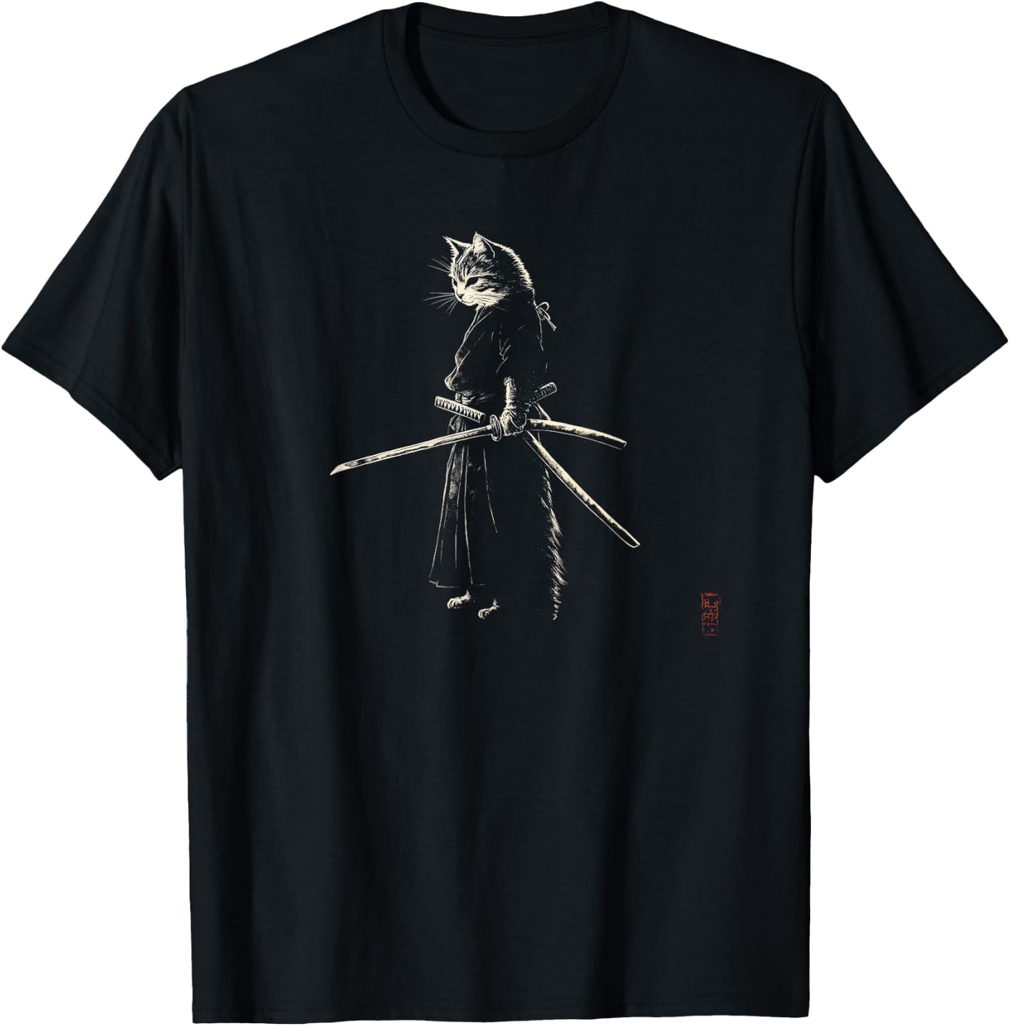 Vintage Samurai Cat Graphic Art Japanese Ukiyo-e Women Kids T-Shirt - T-Shirt | Black