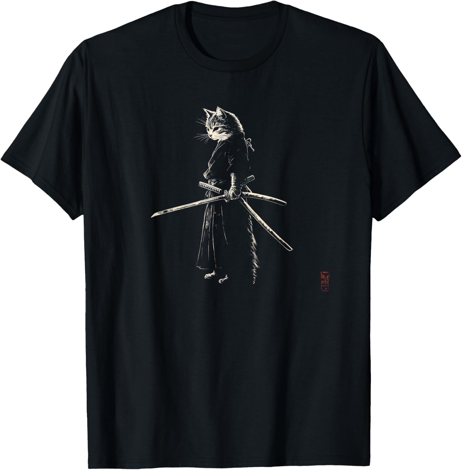 Vintage Samurai Cat Graphic Art Japanese Ukiyo-e Women Kids T-Shirt - T-Shirt | Black