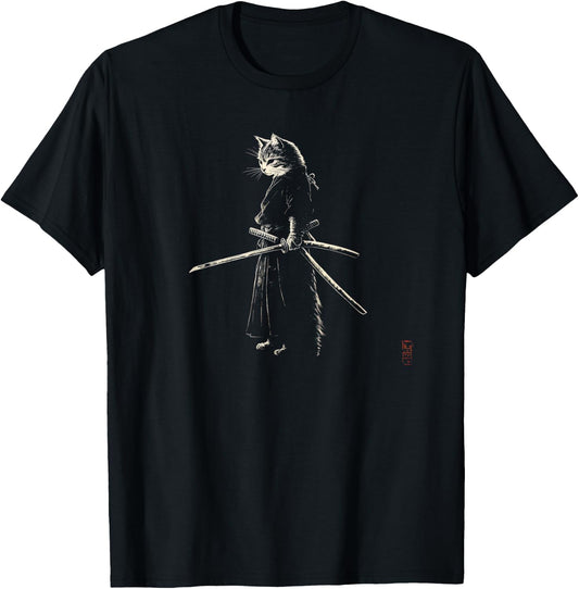Vintage Samurai Cat Graphic Art Japanese Ukiyo-e Women Kids T-Shirt - T-Shirt | Black