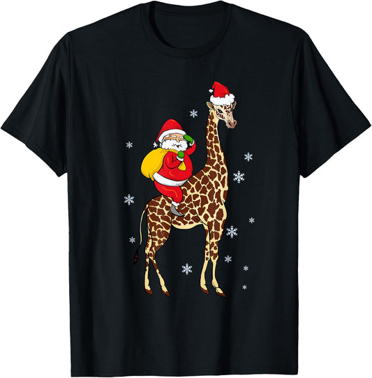 Funny Santa Giraffe Christmas Pajama Gift Women Kids T-Shirt - T-Shirt | Black
