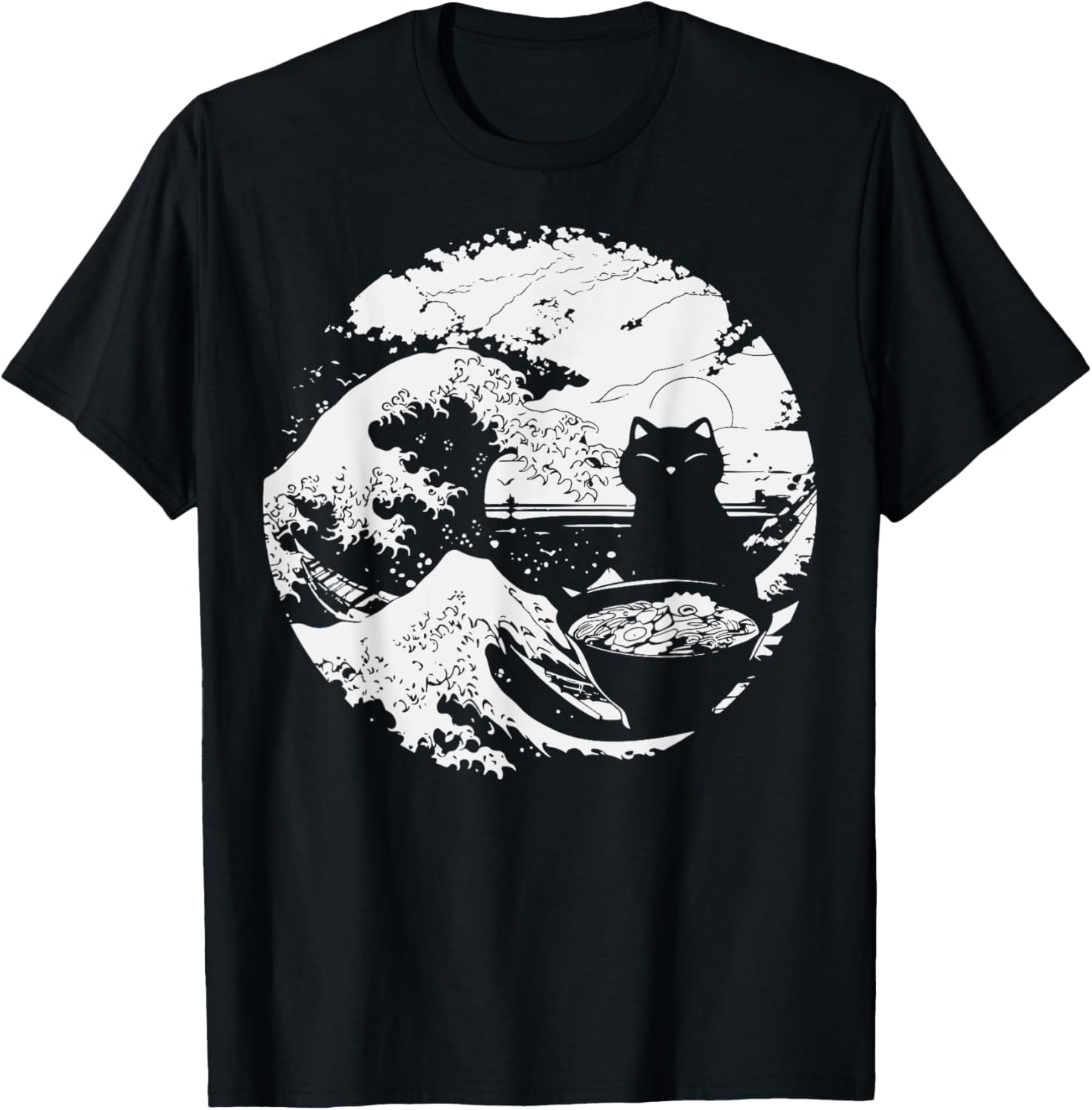 Anime Cat Eating Ramen Japanese Ramen Cat Japan T-Shirt - T-Shirt | Black