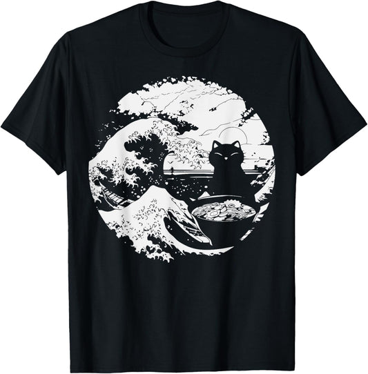 Anime Cat Eating Ramen Japanese Ramen Cat Japan T-Shirt - T-Shirt | Black