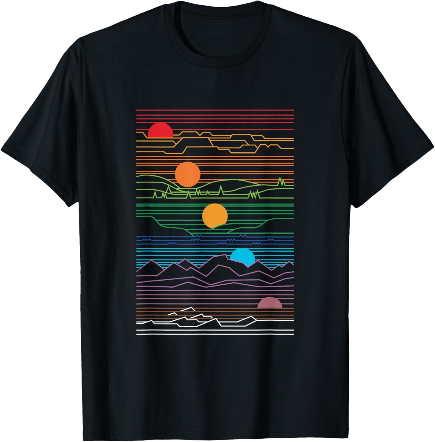 Sun and moon design with trees and mountains T-Shirt - T-Shirt | Black