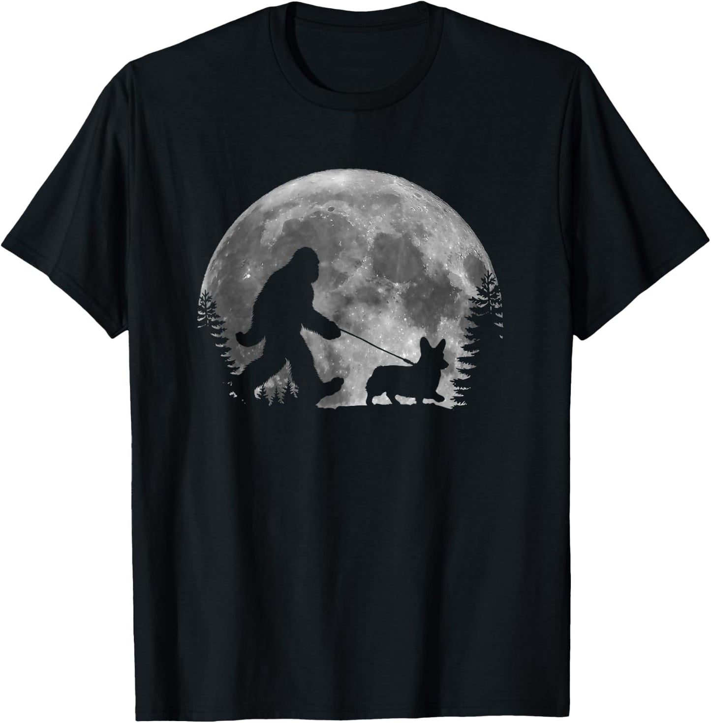 Bigfoot Walking a Dog Funny Corgi Lovers Moon Halloween T-Shirt - T-Shirt | Black