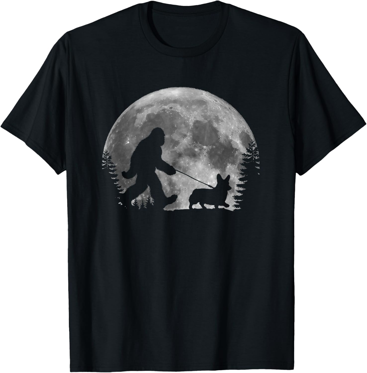 Bigfoot Walking a Dog Funny Corgi Lovers Moon Halloween T-Shirt - T-Shirt | Black