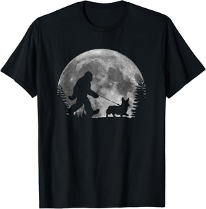 Bigfoot Walking a Dog Funny Corgi Lovers Moon Halloween T-Shirt - T-Shirt | Black