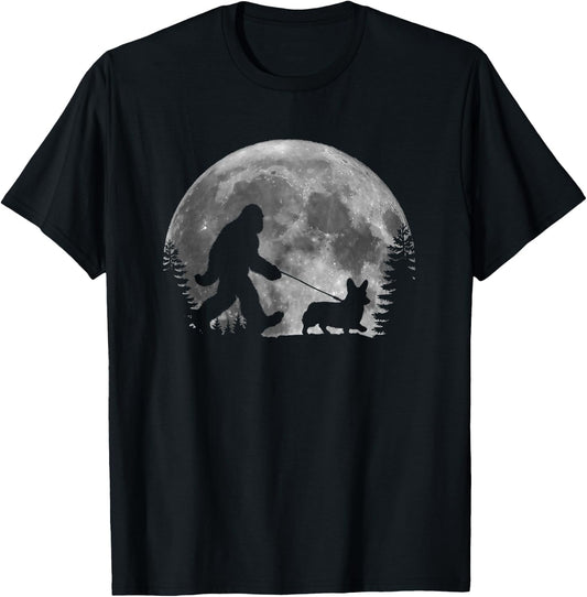 Bigfoot Walking a Dog Funny Corgi Lovers Moon Halloween T-Shirt - T-Shirt | Black