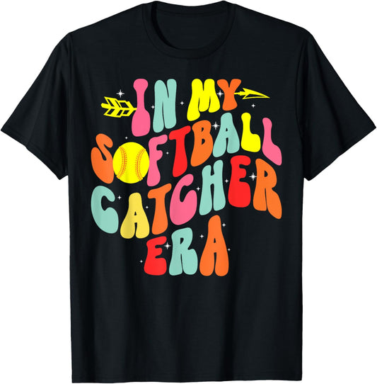 In My Softball Catcher Era Groovy Softball Player Game Day T-Shirt - T-Shirt | Black