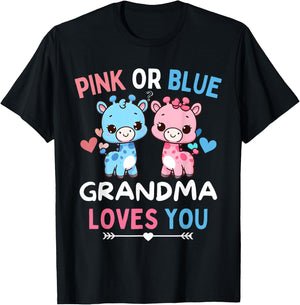 Pink or Blue Grandma Loves You Baby Gender Reveal Giraffe T-Shirt - T-Shirt | Black