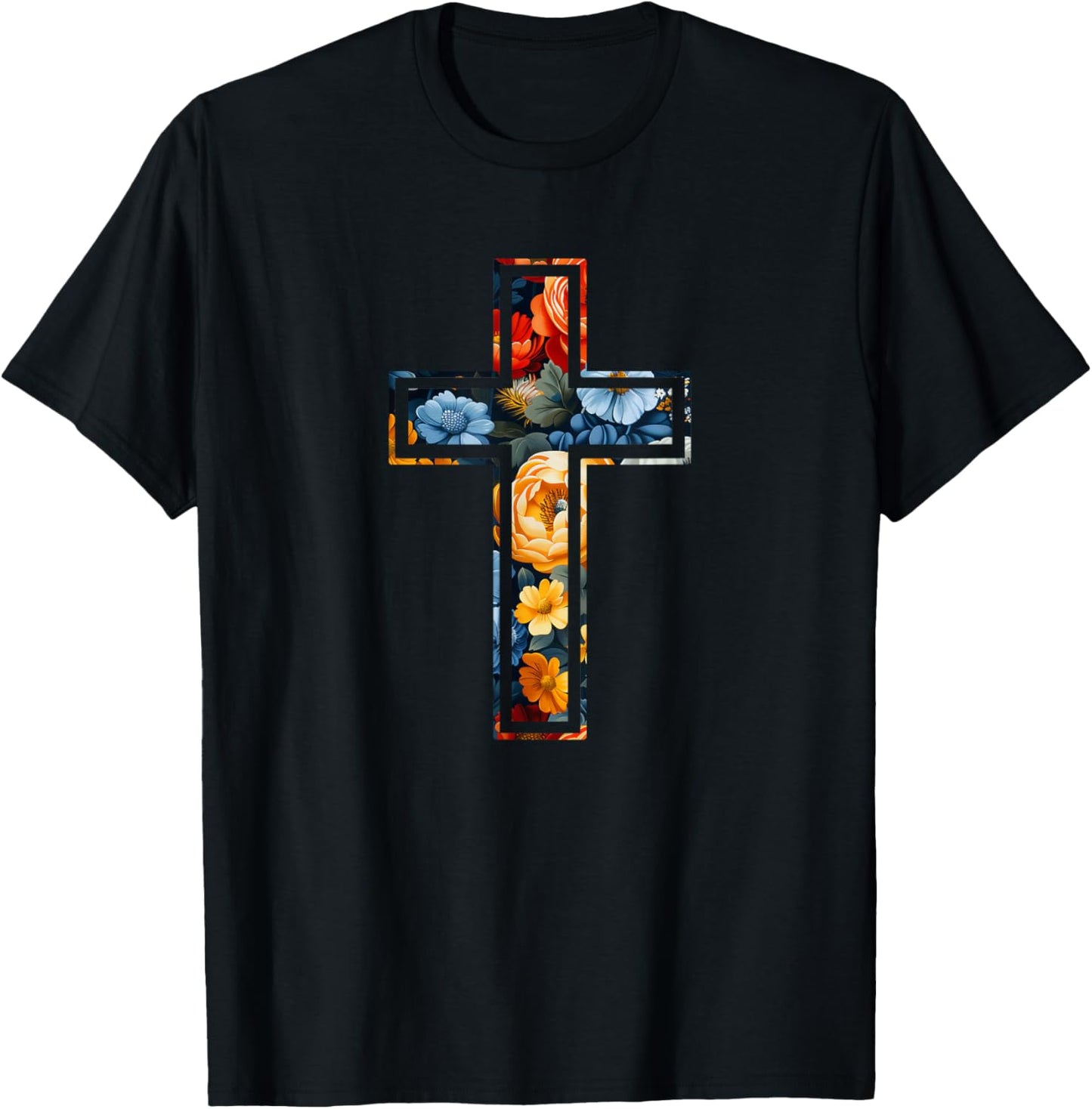 Elegant Silhouette Flowers Faith Floral Christian Cross T-Shirt - T-Shirt | Black