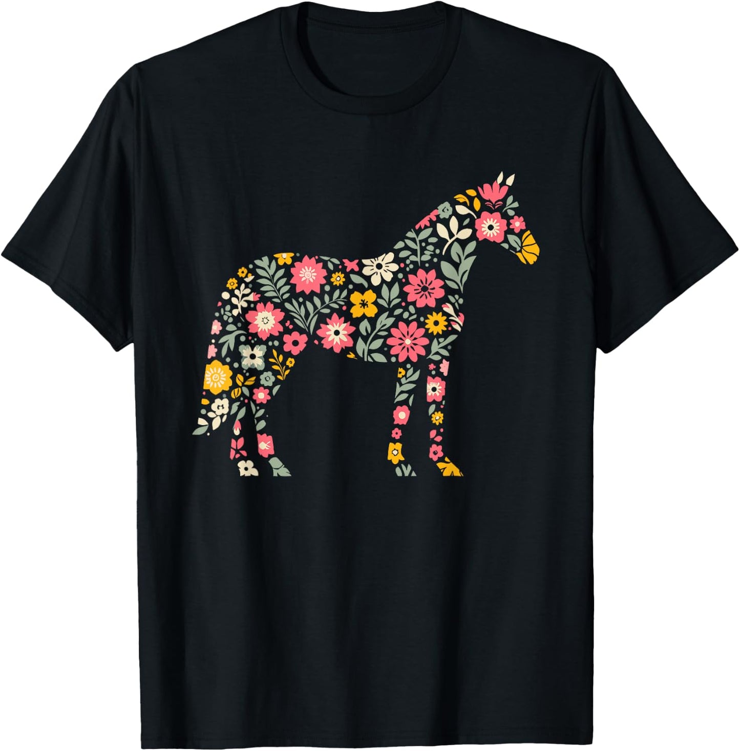 Floral FLower Horse Mom Grandma Mothers Day T-Shirt - T-Shirt | Black