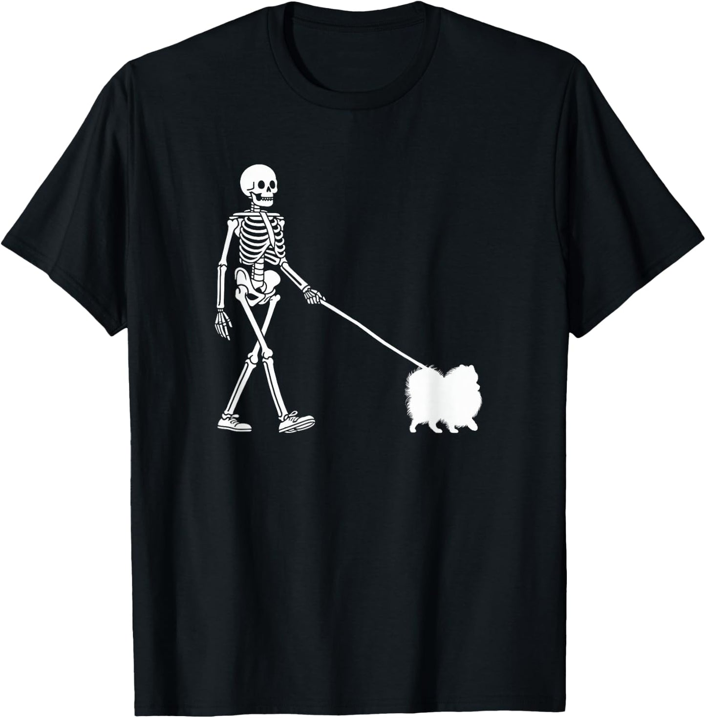 Skeleton Walking a Dog Pomeranian Halloween Outfit Women Kids T-Shirt - T-Shirt | Black