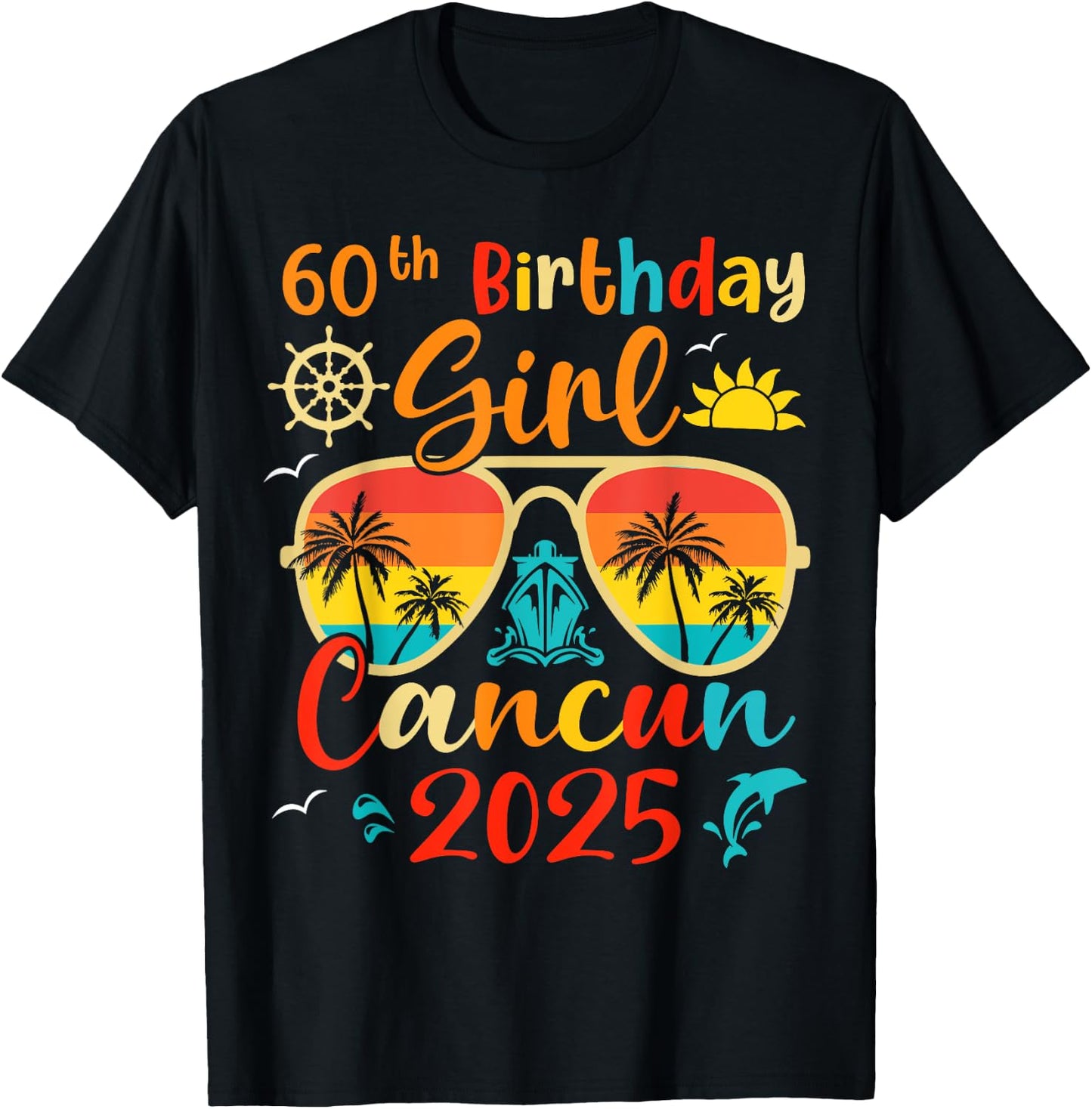 Vintage 60th Birthday Girls Cancun 2025 Beach Vacation Trip T-Shirt - T-Shirt | Black
