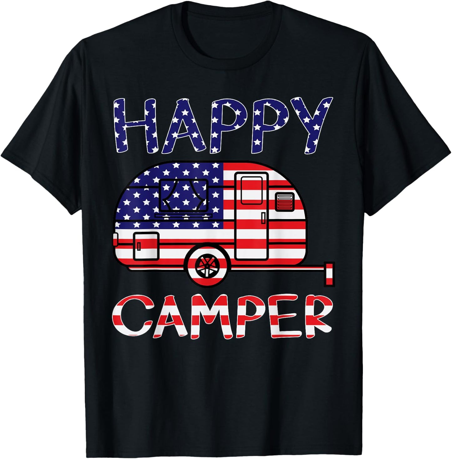 Happy Camper Retro Family Camping 4th of July American Pride T-Shirt - T-Shirt | Black