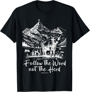 Follow The Word Not The Herd Funny Cow Farm T-Shirt - T-Shirt | Black