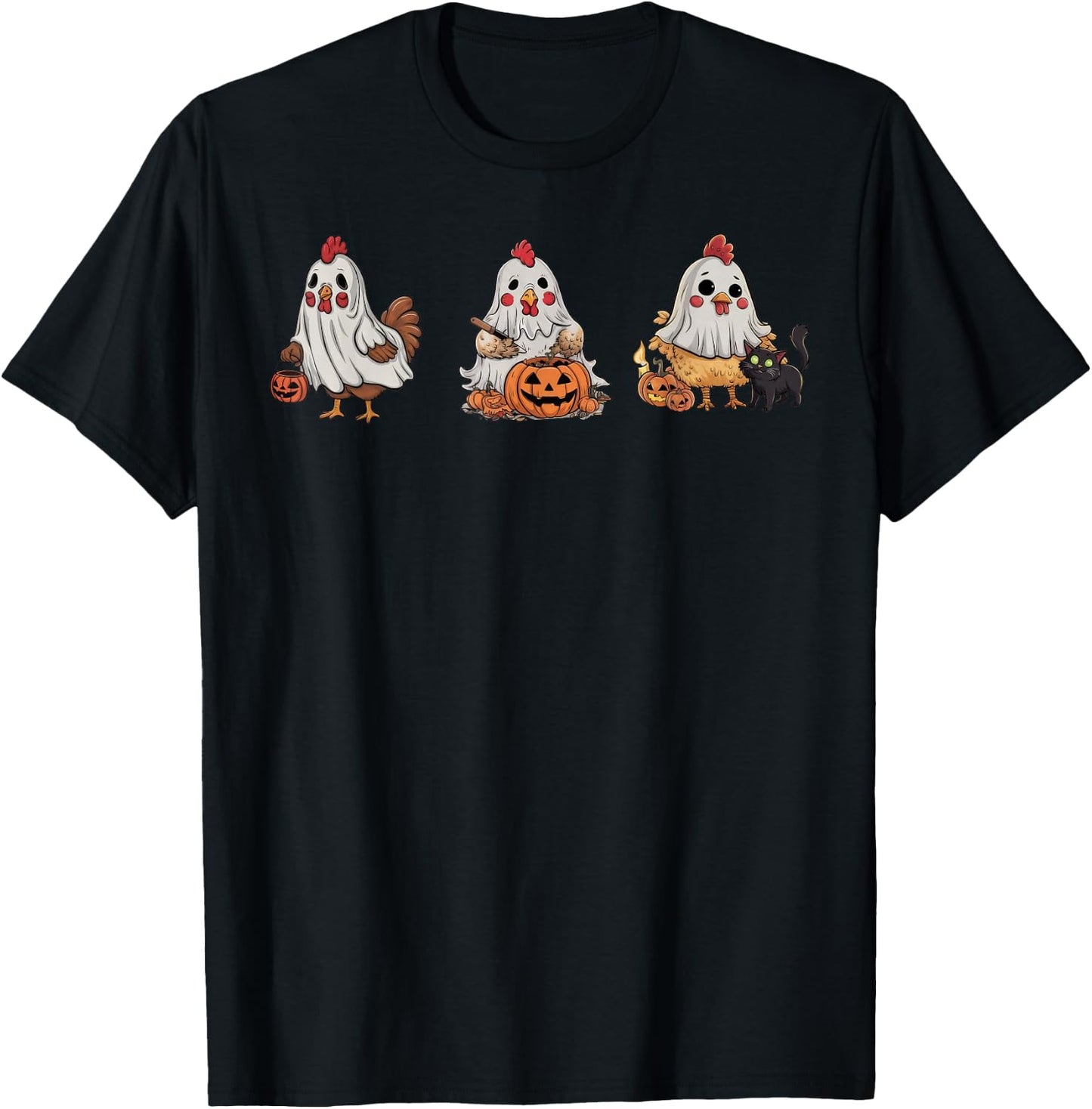 Chickens In Ghost Costume Pumpkin Black Cat Halloween Women Kids T-Shirt - T-Shirt | Black