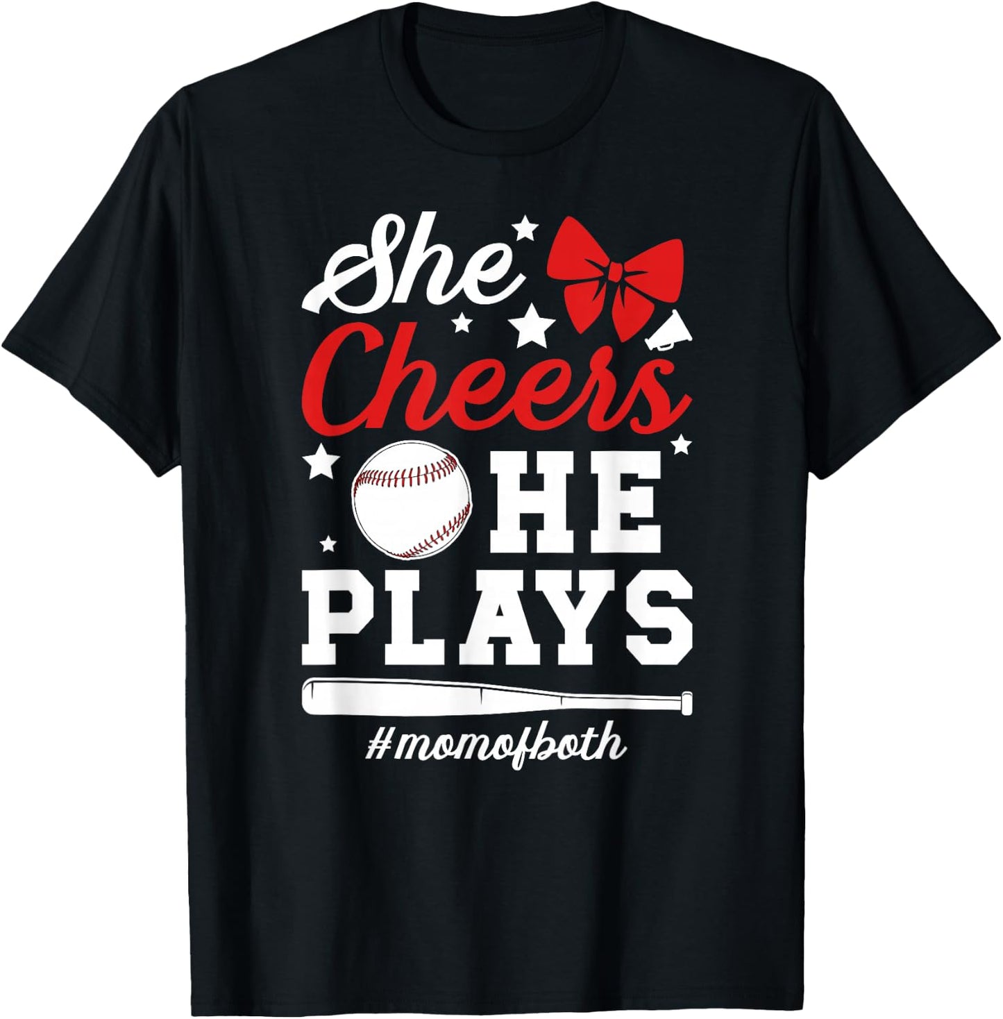 She Cheers He Plays Mom Of Both Cheer And Baseball Mom T-Shirt - T-Shirt | Black