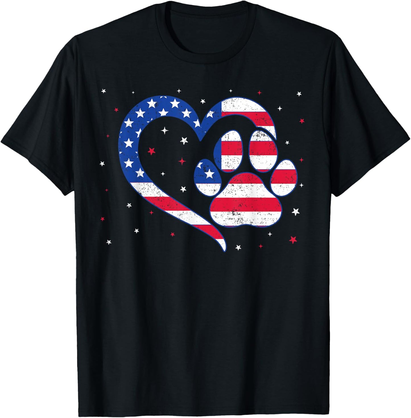 Cat & Dog Paw Heart American Flag Patriotic USA 4th Of July T-Shirt - T-Shirt | Black