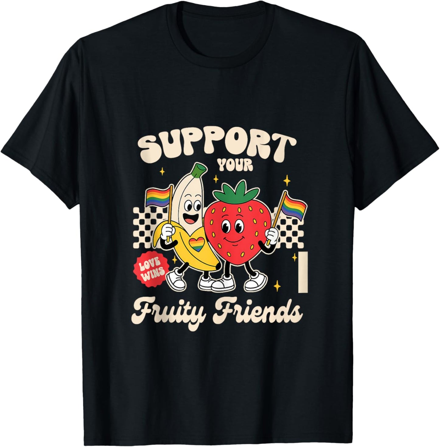 LGBT Pride Banana Strawberry Support Your Fruity Friends T-Shirt - T-Shirt | Black