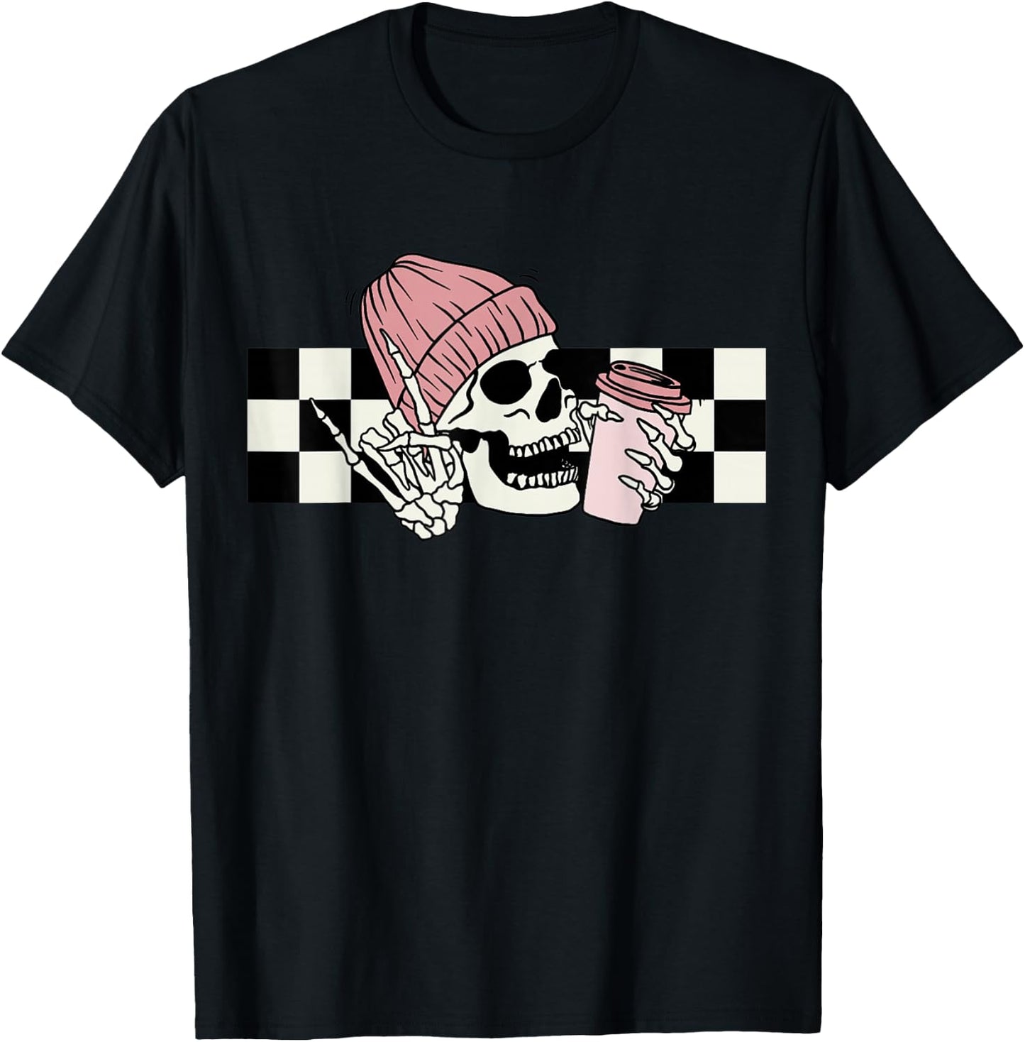Skeleton Peace Sign Coffee Checkerboard T-Shirt - T-Shirt | Black